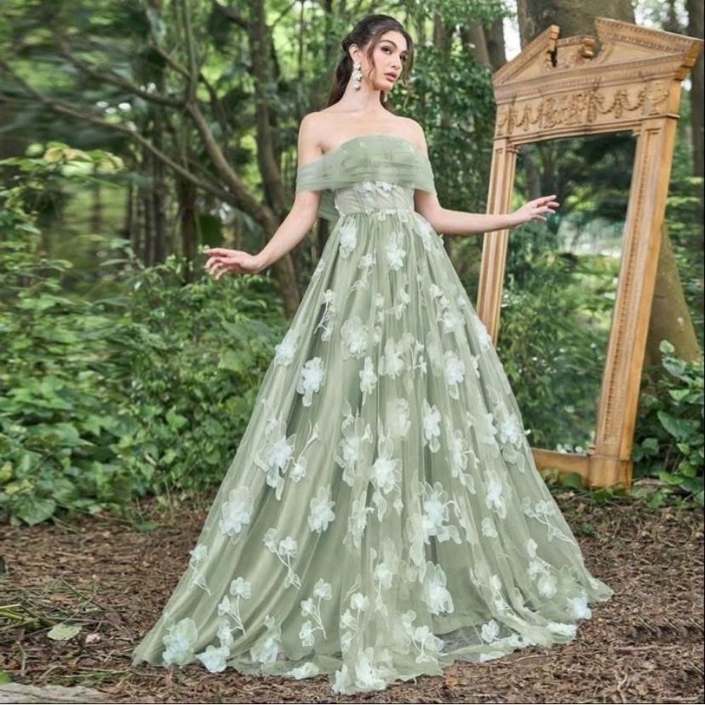 Sage Green Tulle 3D Floral Embroidered Maxi Dress Fairy Cottagecore Gown